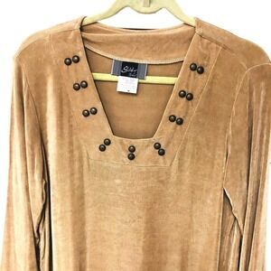 Y2K Slinky Brand Womens Taupe Jersey Knit Top‎ Embellished Square Neck  Artsy M